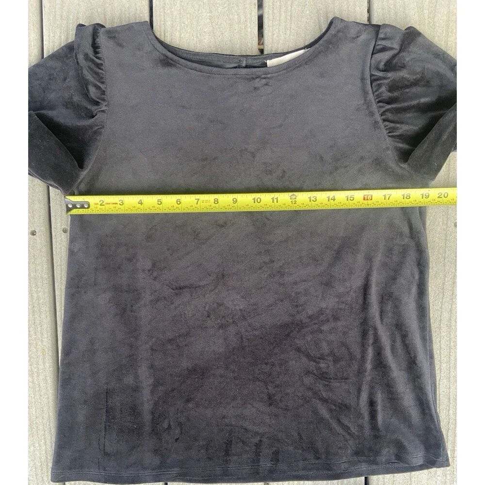 LOFT Petites Black Velvet Puff Sleeve Top L Soft Stretch Short Sleeve Romantic